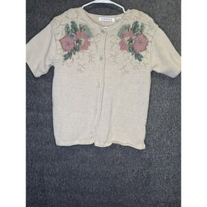 Chaus Sweater Cardigan Womens Medium Beige Linen Cotton Floral Button Front